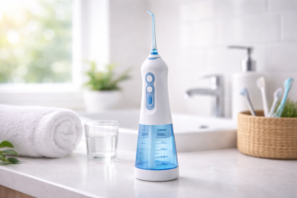 Irrigador dental sobre un lavabo en un baño luminoso